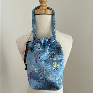 Gigi Chicago Blue Satin Floral Print Drawstring Bag NWT
